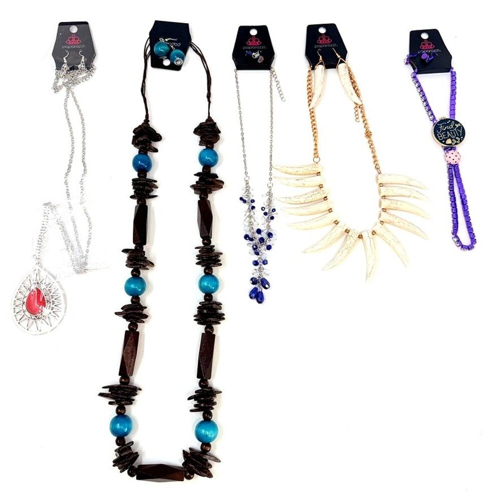Lot of 5 Paparazzi Jewelry Sets Necklace Earrings Boho Tribal Crystal Wood Blue